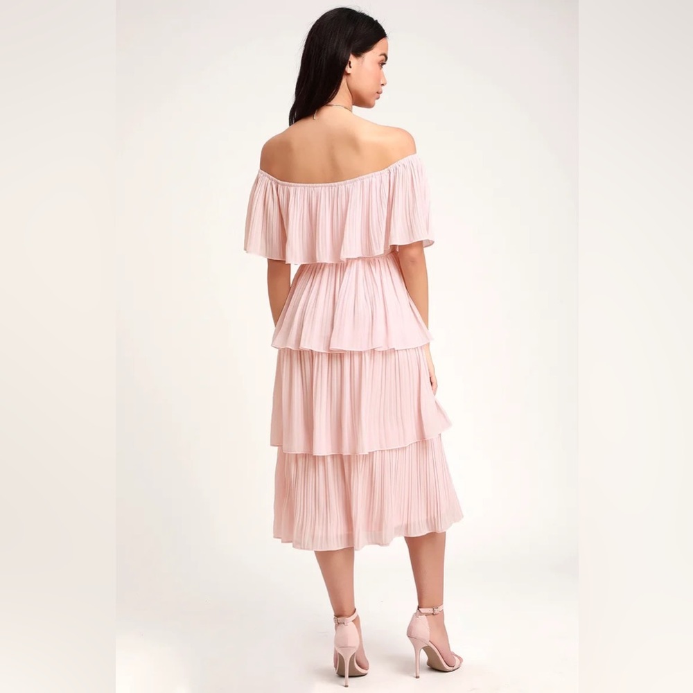 Gala Ready Blush Pink Off-the-Shoulder Ruffle Midi Dress- small